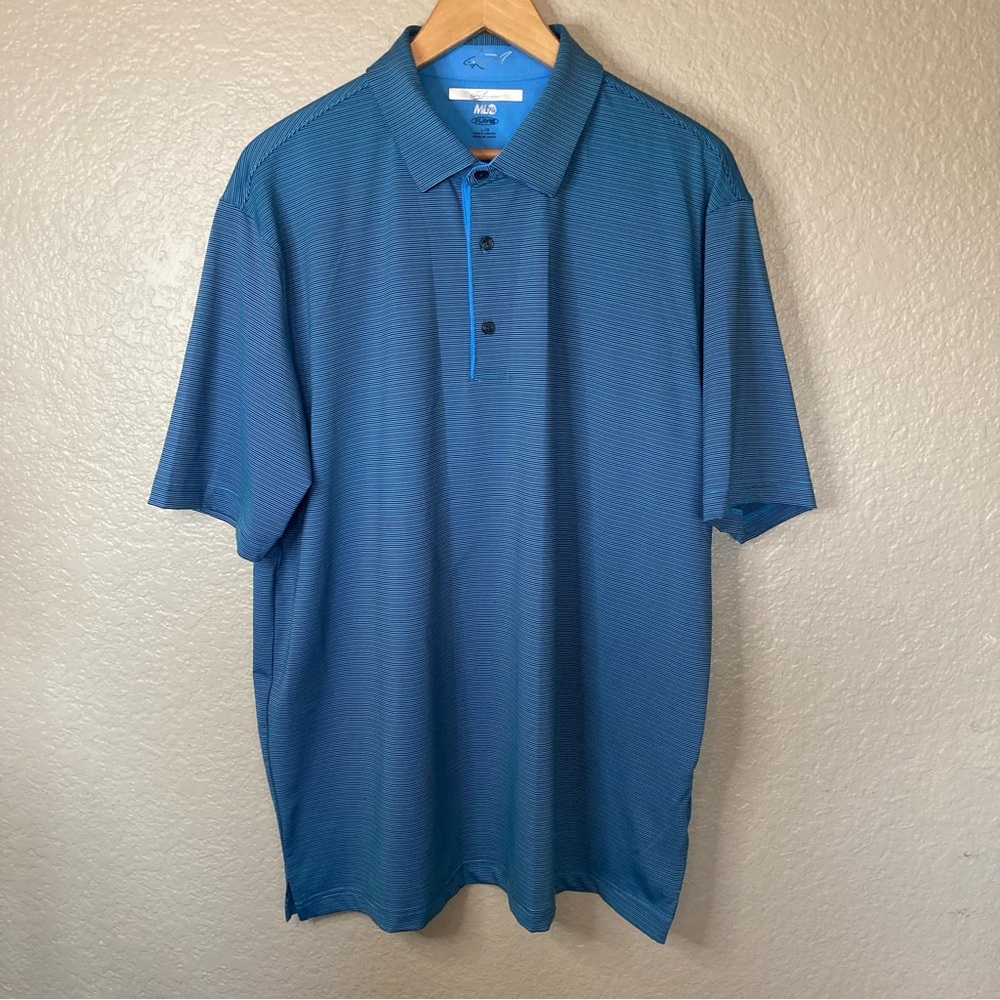 Greg Norman Casual Golf polo collared shirt men’s L Blue Striped Play Dry ML75